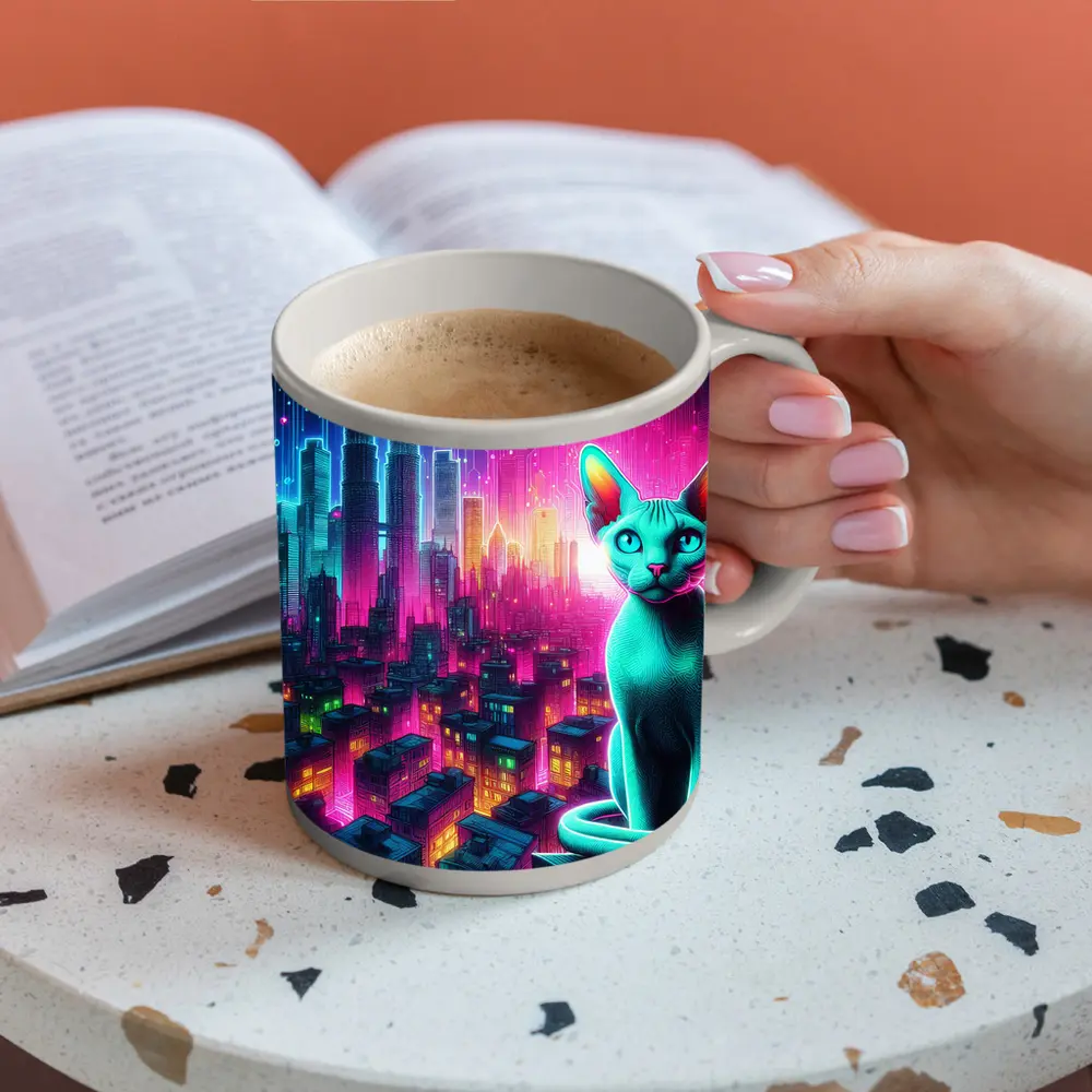 Sphynx Cat Neon Cyberpunk City Night – Mugs