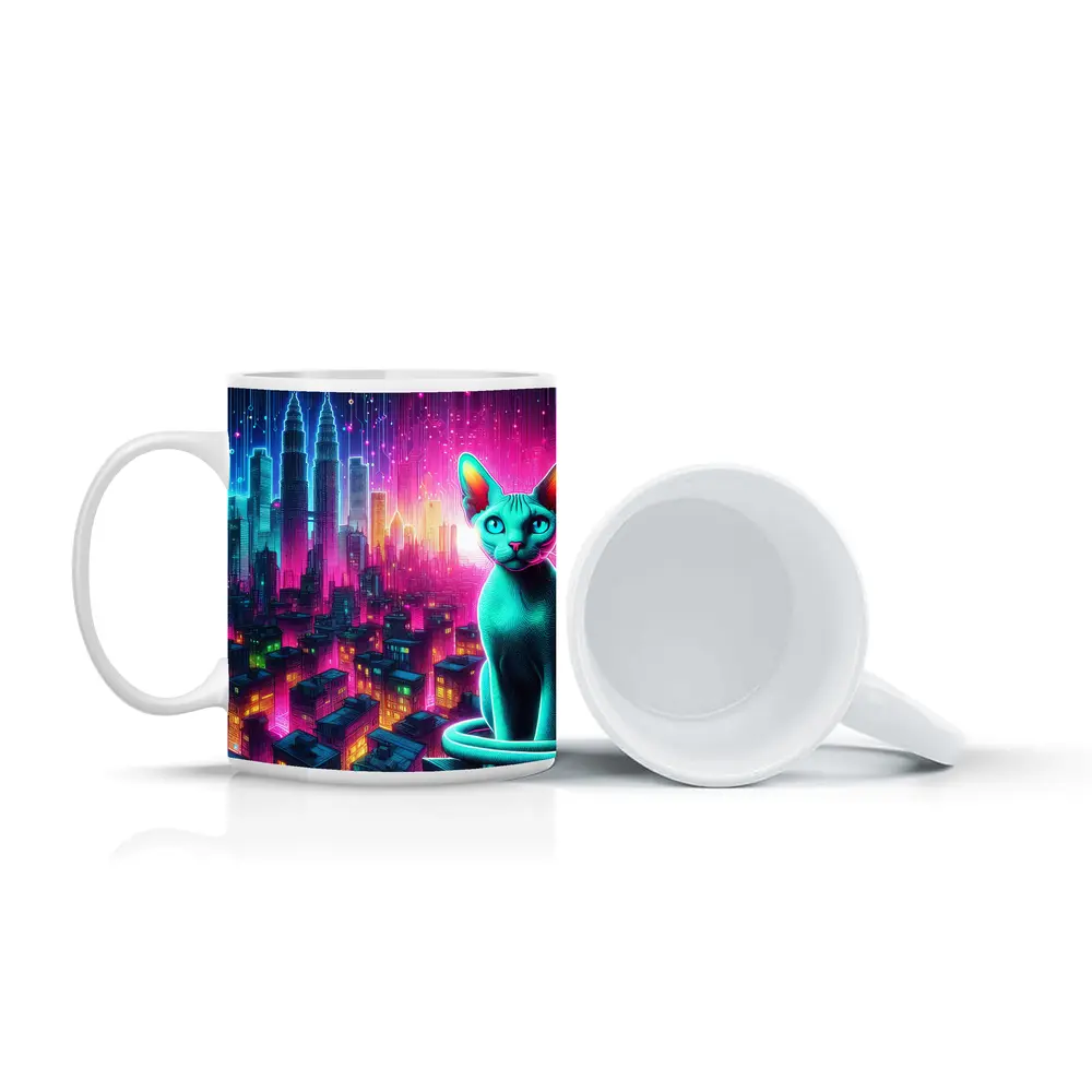 Sphynx Cat Neon Cyberpunk City Night – Mugs