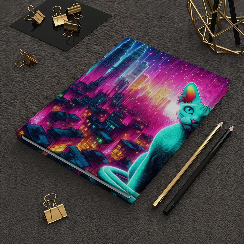 Sphynx Cat Neon Cyberpunk City Night – Notebooks