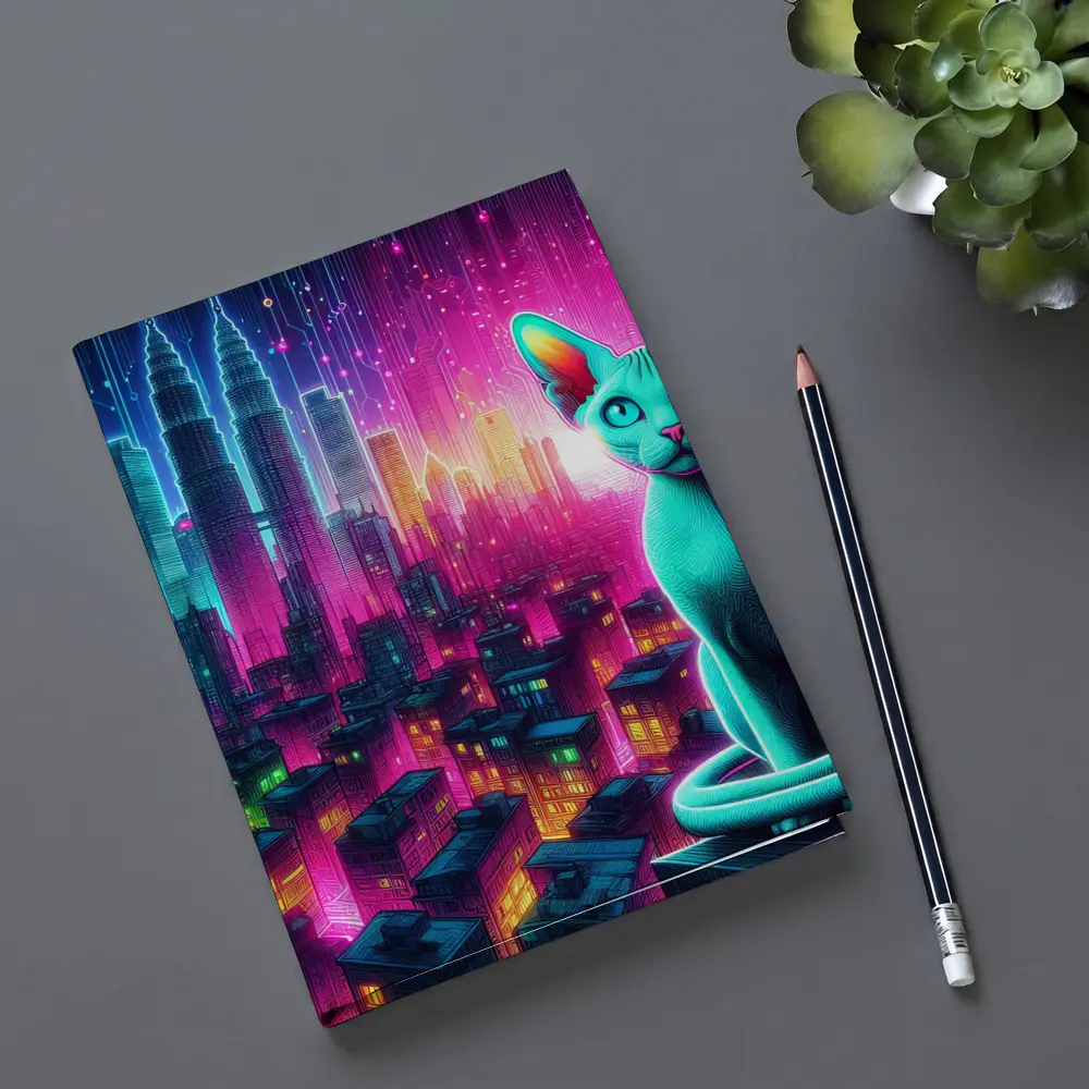 Sphynx Cat Neon Cyberpunk City Night – Notebooks
