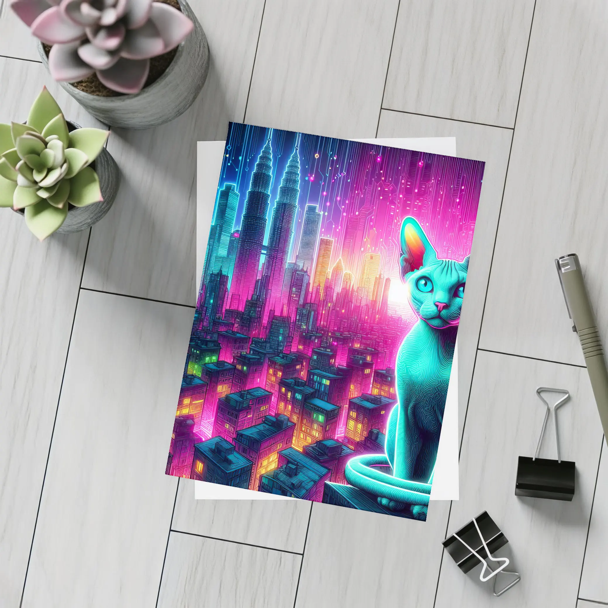 Sphynx Cat Neon Cyberpunk City Night – Postcards