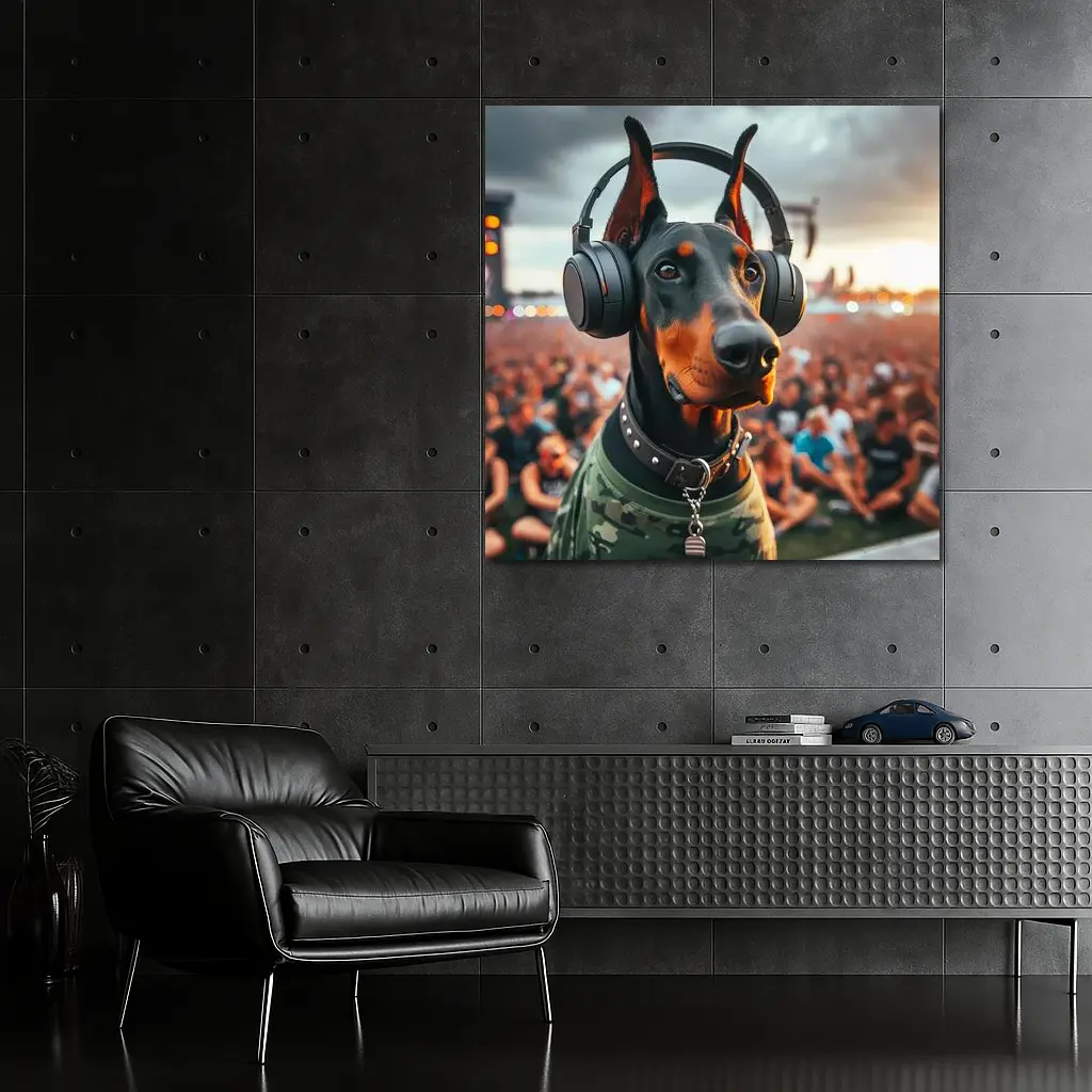 Doberman Wearing Headphones at Music Festival – Wall Art