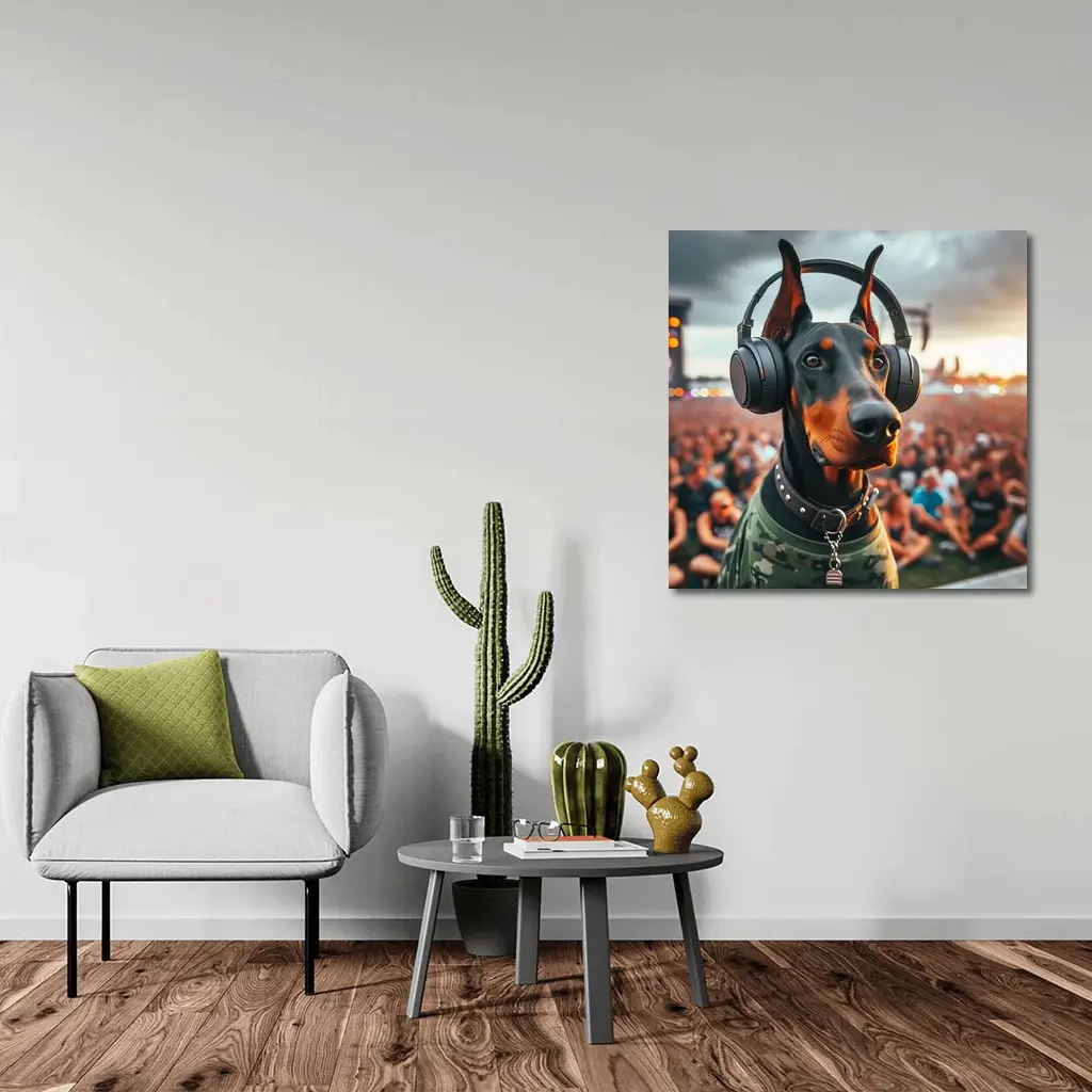 Doberman Wearing Headphones at Music Festival – Wall Art