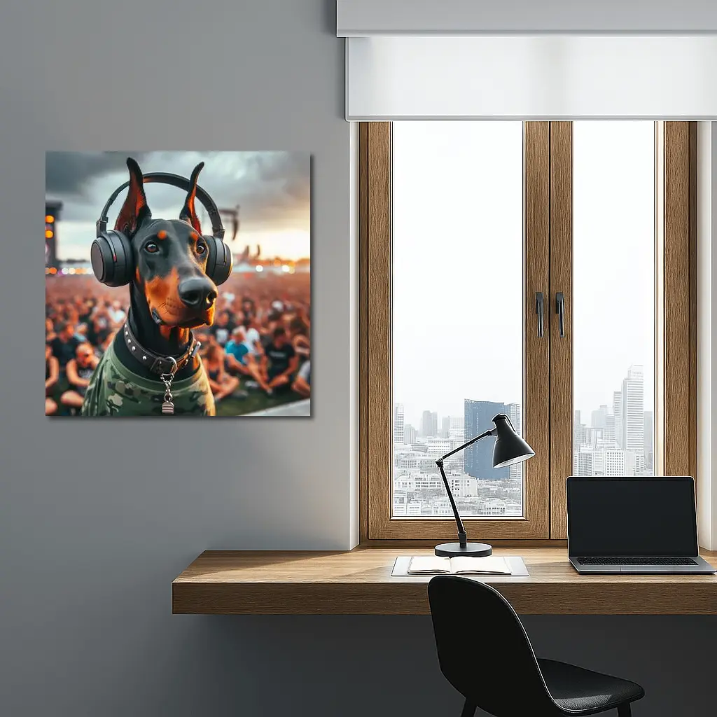 Doberman Wearing Headphones at Music Festival – Wall Art