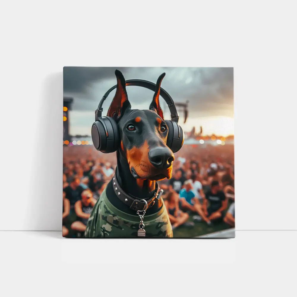 Doberman Wearing Headphones at Music Festival – Wall Art