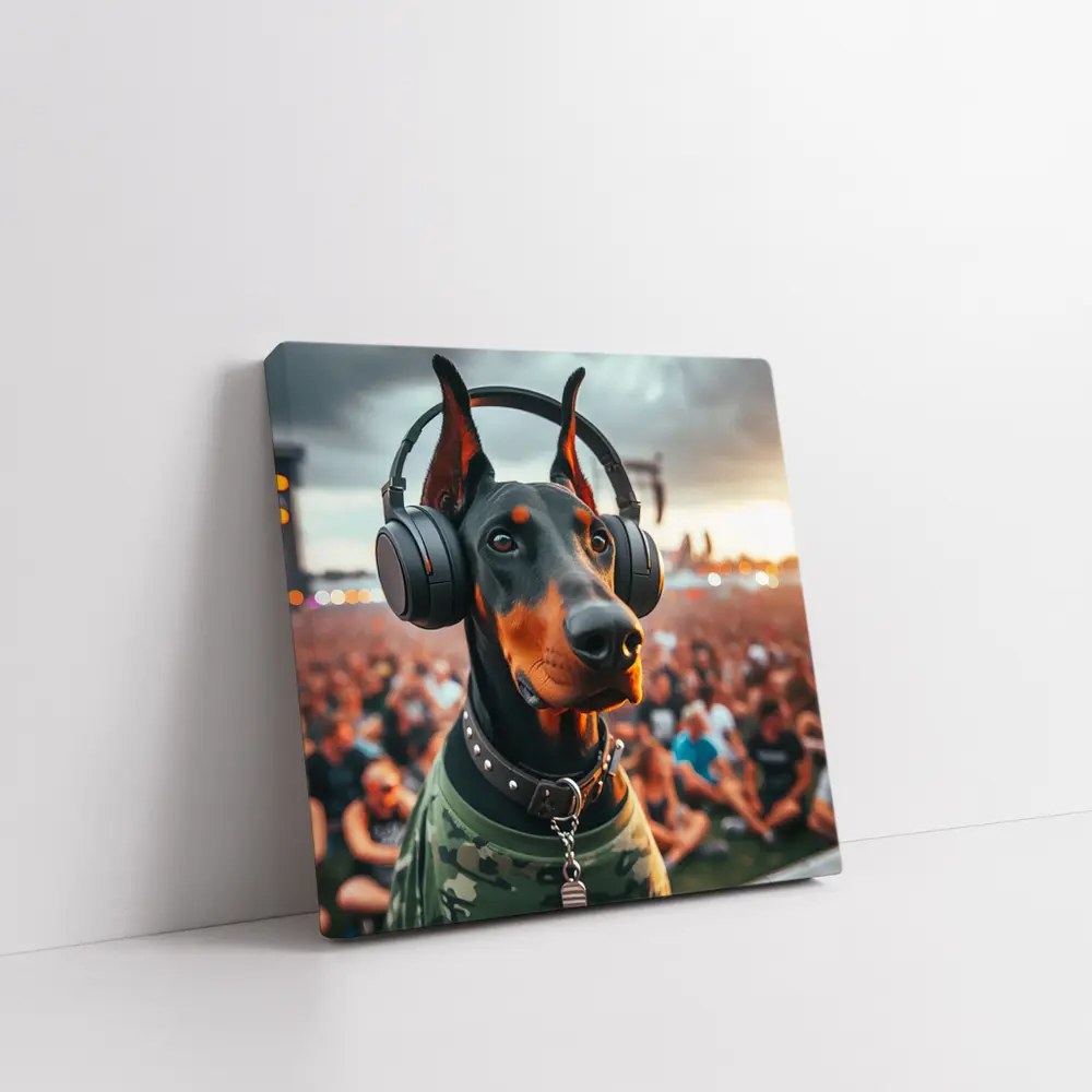 Doberman Wearing Headphones at Music Festival – Wall Art