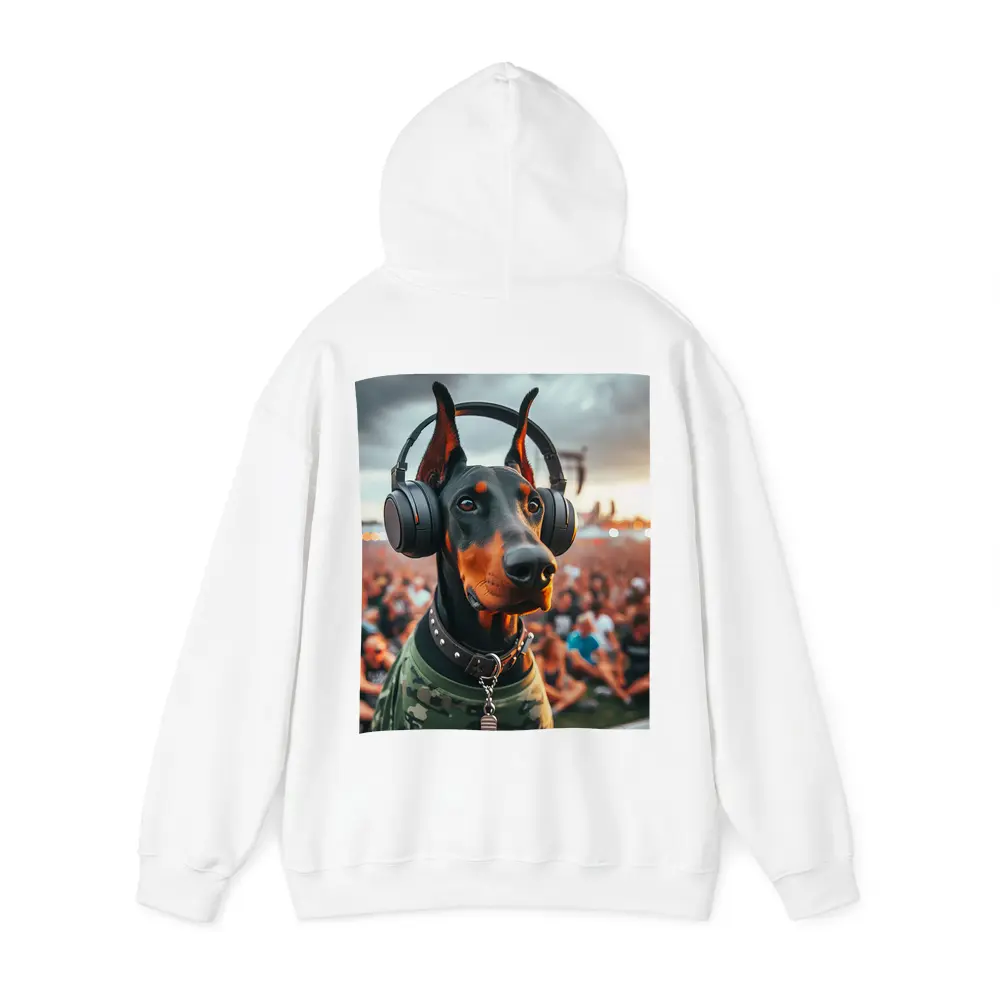 Doberman Wearing Headphones at Music Festival – Hoodies