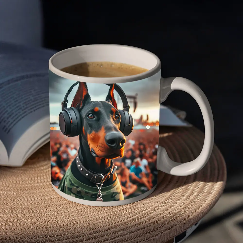 Doberman Wearing Headphones at Music Festival – Mugs