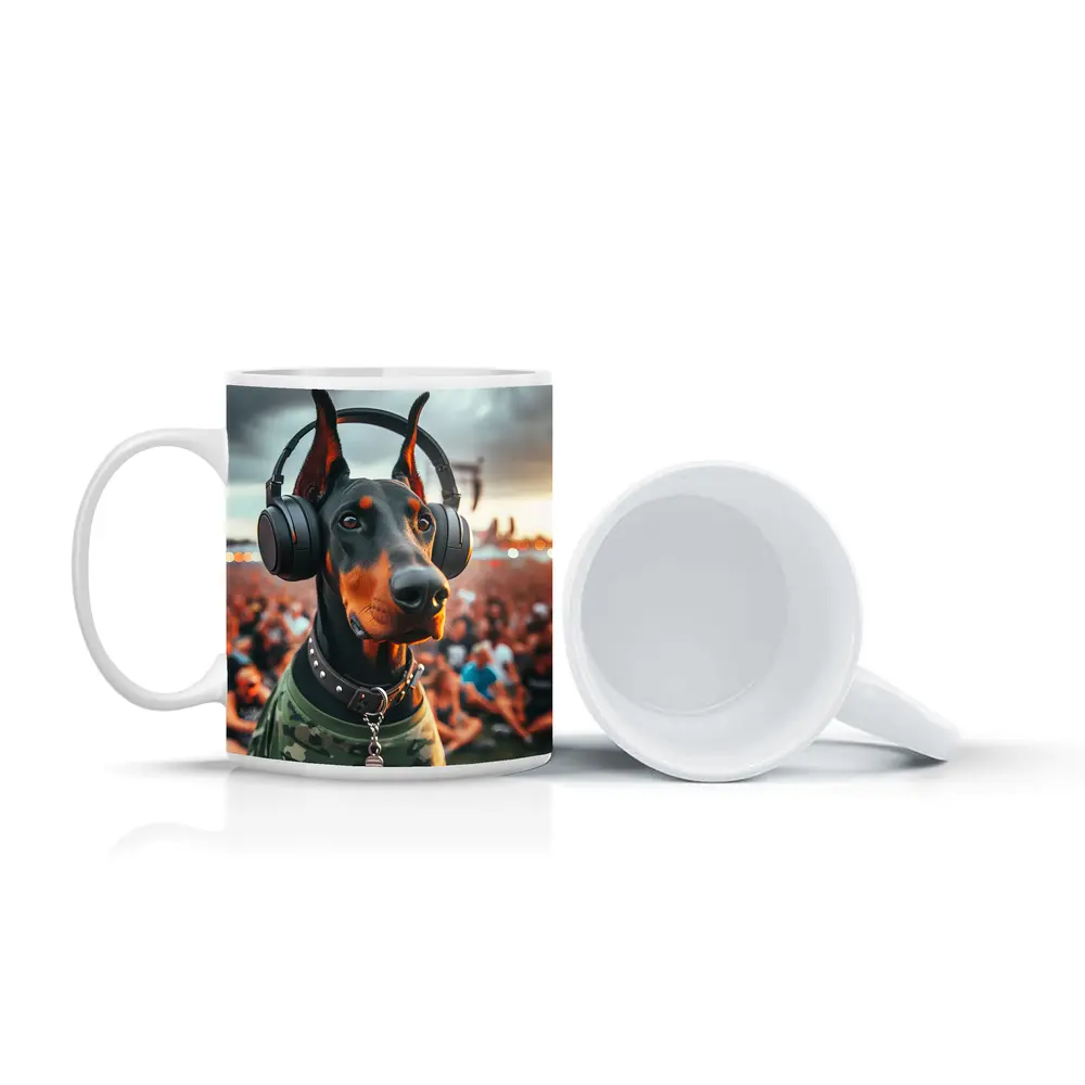 Doberman Wearing Headphones at Music Festival – Mugs
