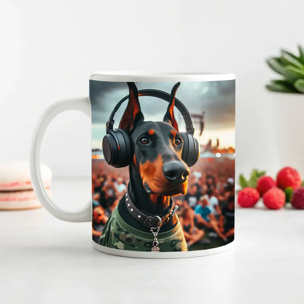 Doberman Wearing Headphones at Music Festival – Mugs