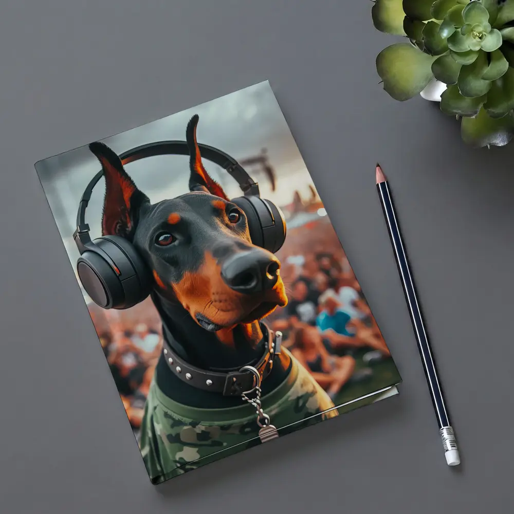 Doberman Wearing Headphones at Music Festival – Notebooks