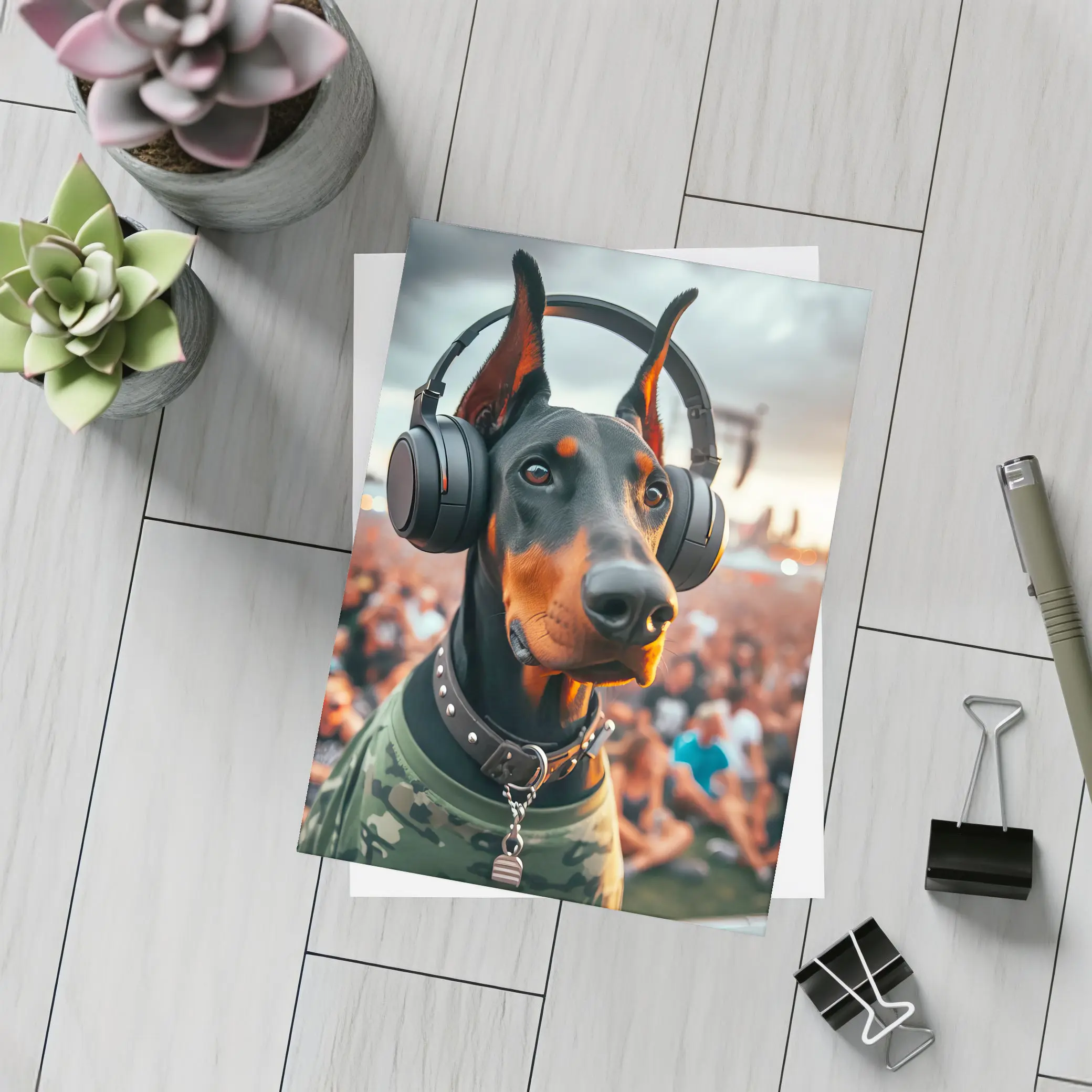 Doberman Wearing Headphones at Music Festival – Postcards