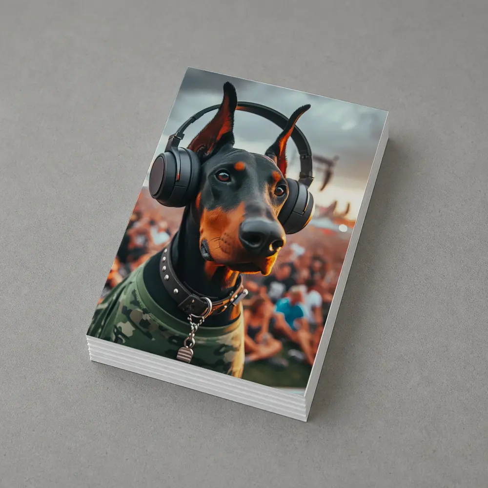 Doberman Wearing Headphones at Music Festival – Postcards