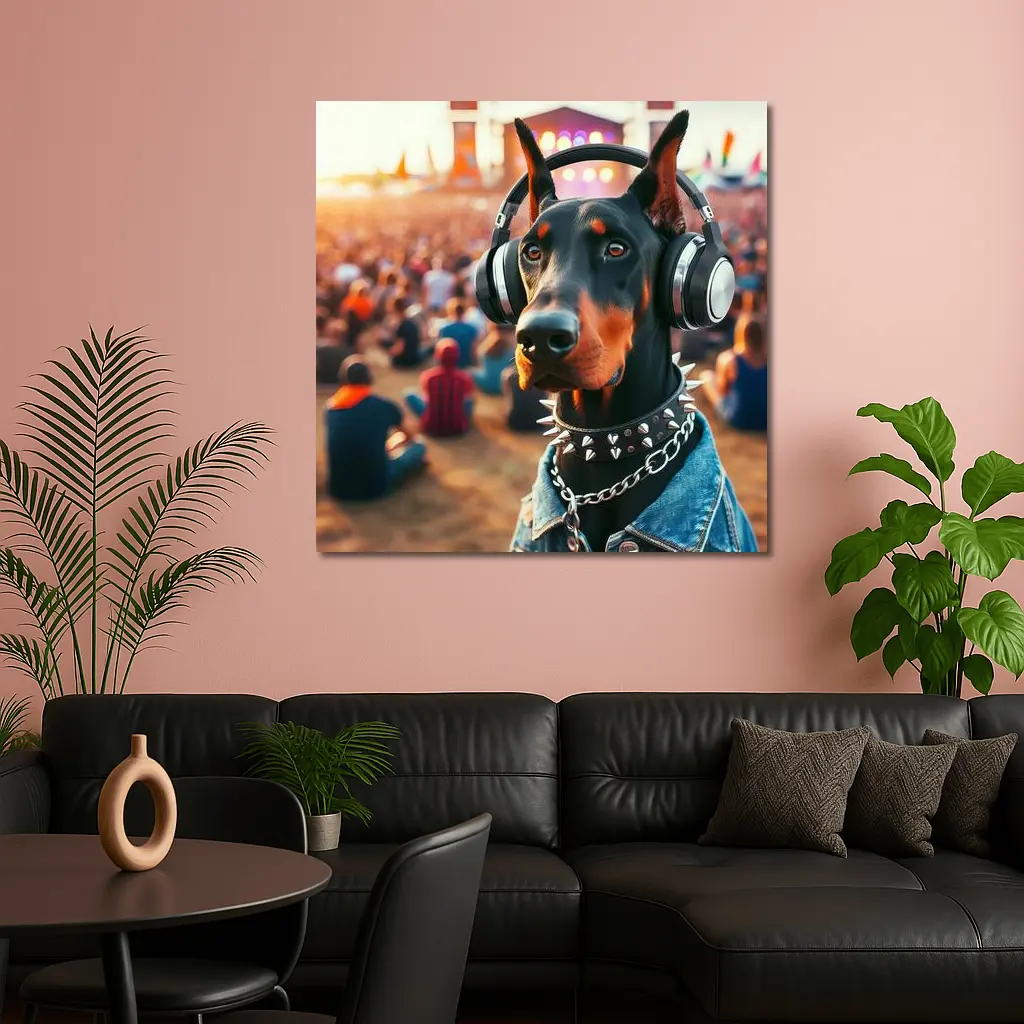 Doberman Pinscher With Headphones At Music Festival – Wall Art