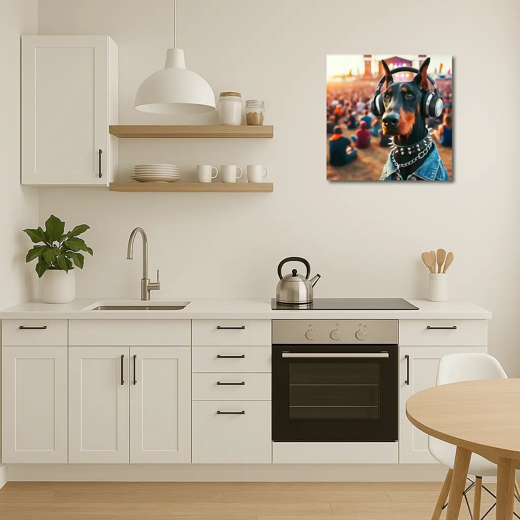 Doberman Pinscher With Headphones At Music Festival – Wall Art