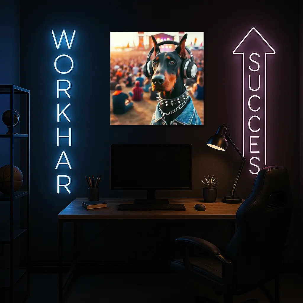 Doberman Pinscher With Headphones At Music Festival – Wall Art