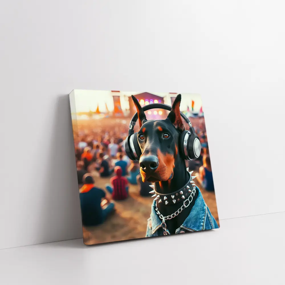 Doberman Pinscher With Headphones At Music Festival – Wall Art