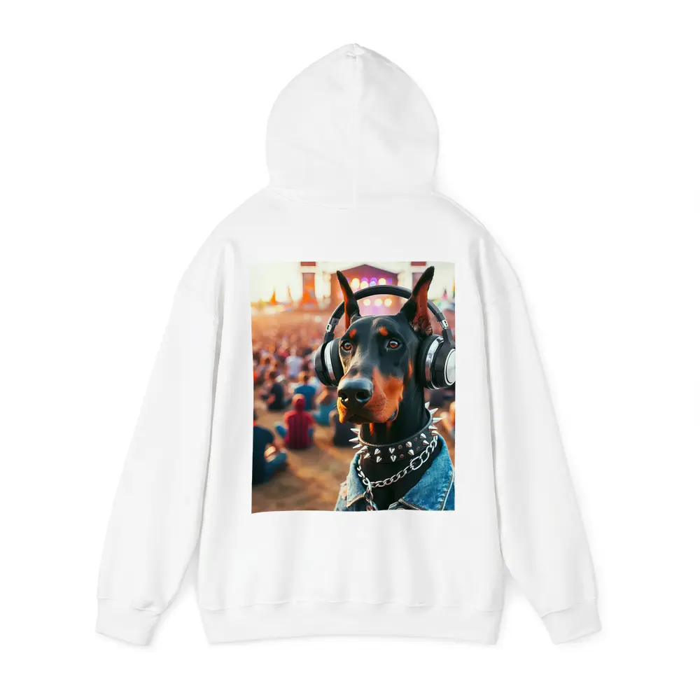 Doberman Pinscher With Headphones At Music Festival – Hoodies