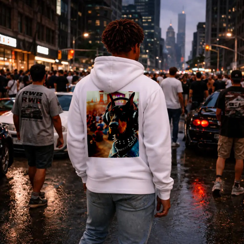 Doberman Pinscher With Headphones At Music Festival – Hoodies