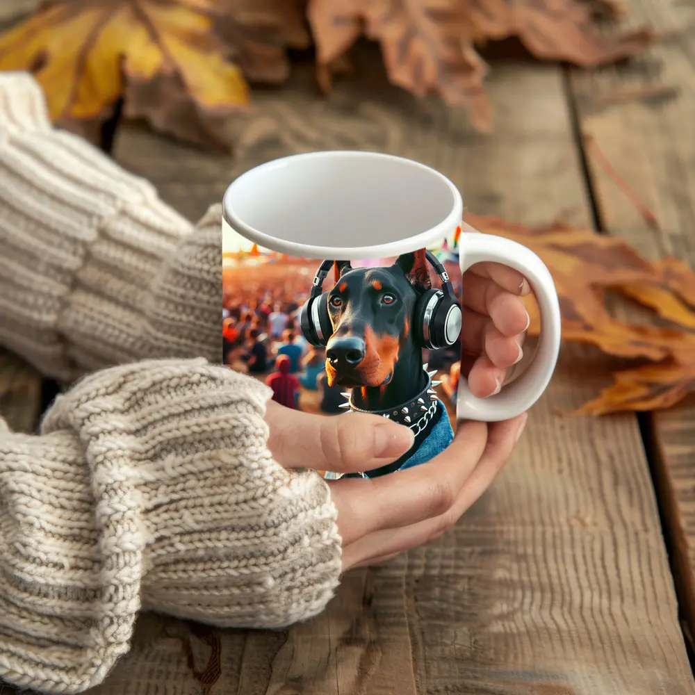 Doberman Pinscher With Headphones At Music Festival – Mugs