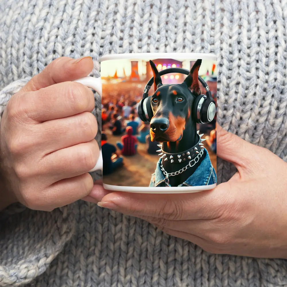 Doberman Pinscher With Headphones At Music Festival – Mugs