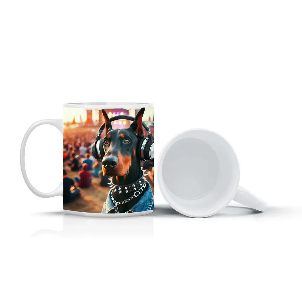 Doberman Pinscher With Headphones At Music Festival – Mugs