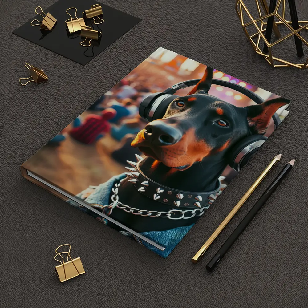 Doberman Pinscher With Headphones At Music Festival – Notebooks