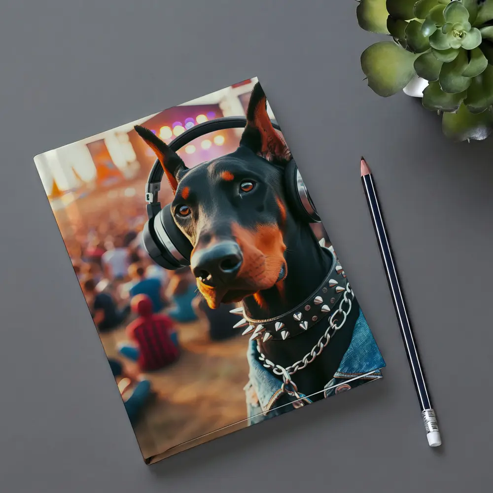 Doberman Pinscher With Headphones At Music Festival – Notebooks