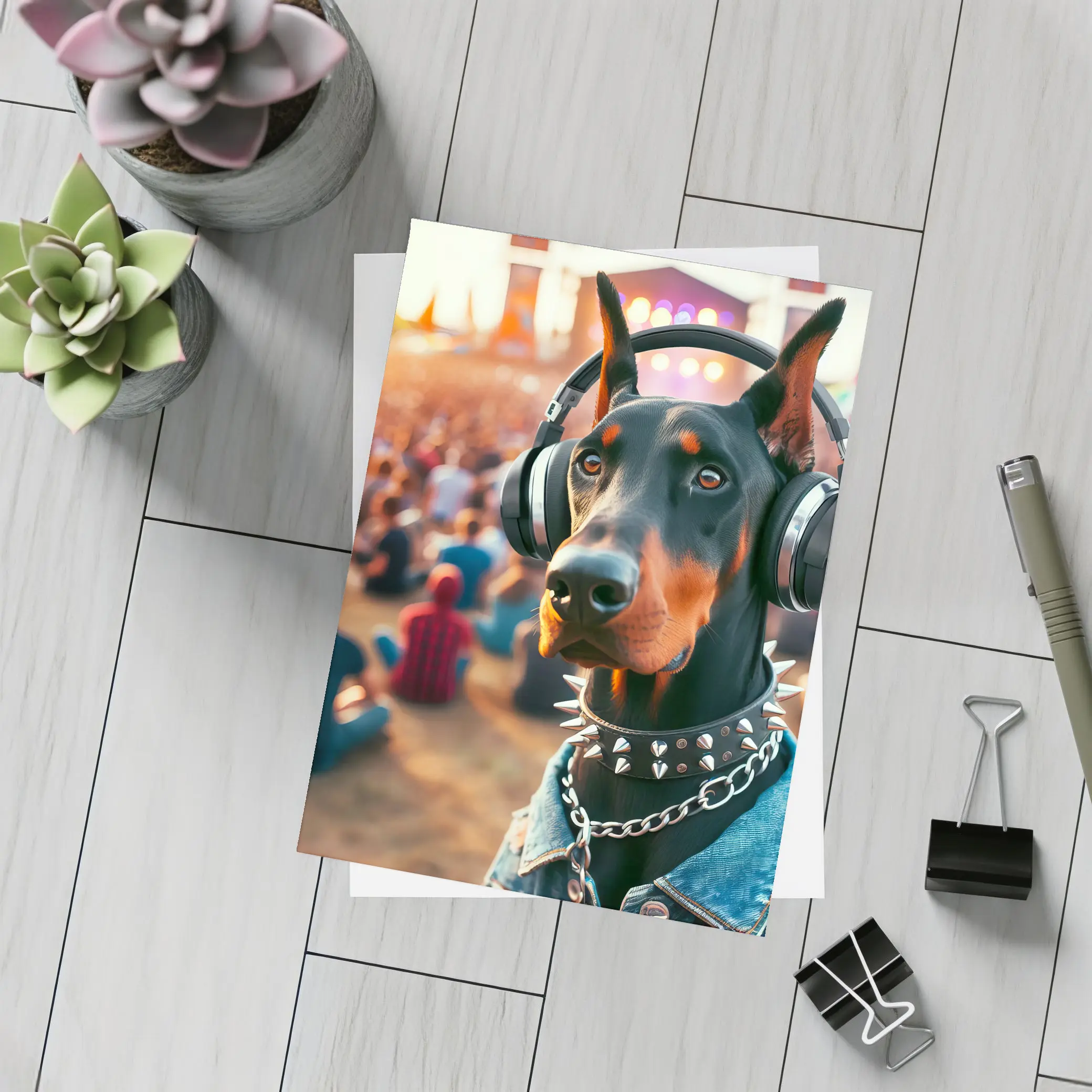Doberman Pinscher With Headphones At Music Festival – Postcards