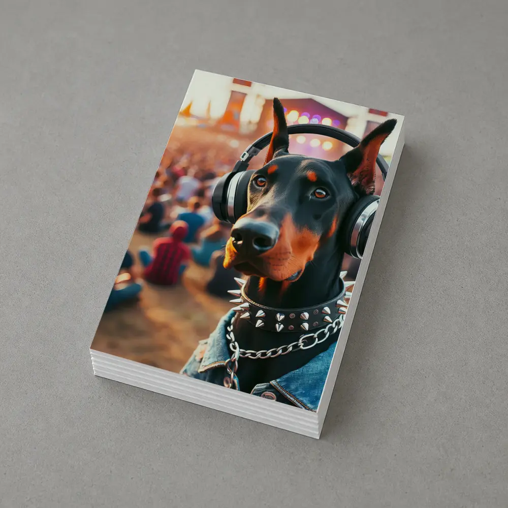 Doberman Pinscher With Headphones At Music Festival – Postcards