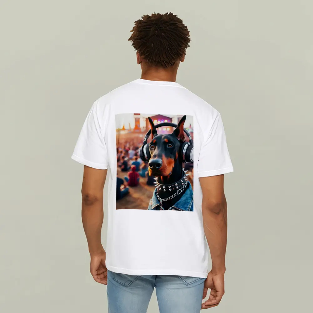 Doberman Pinscher With Headphones At Music Festival – T-Shirts