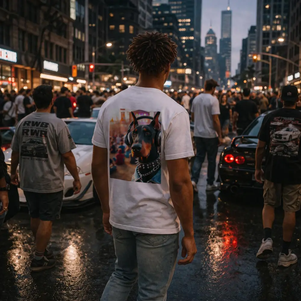 Doberman Pinscher With Headphones At Music Festival – T-Shirts
