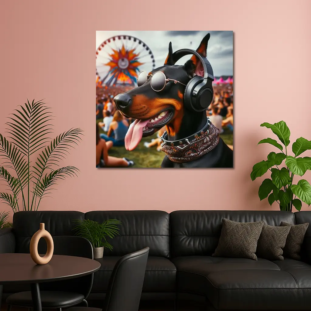 Doberman Pinscher Dog At Music Festival – Wall Art