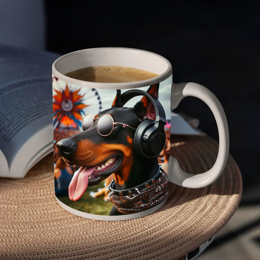 Doberman Pinscher Dog At Music Festival – Mugs