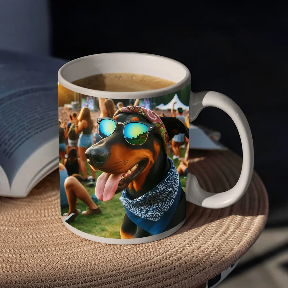 Doberman Dog Sunglasses Bandana Music Festival – Mugs