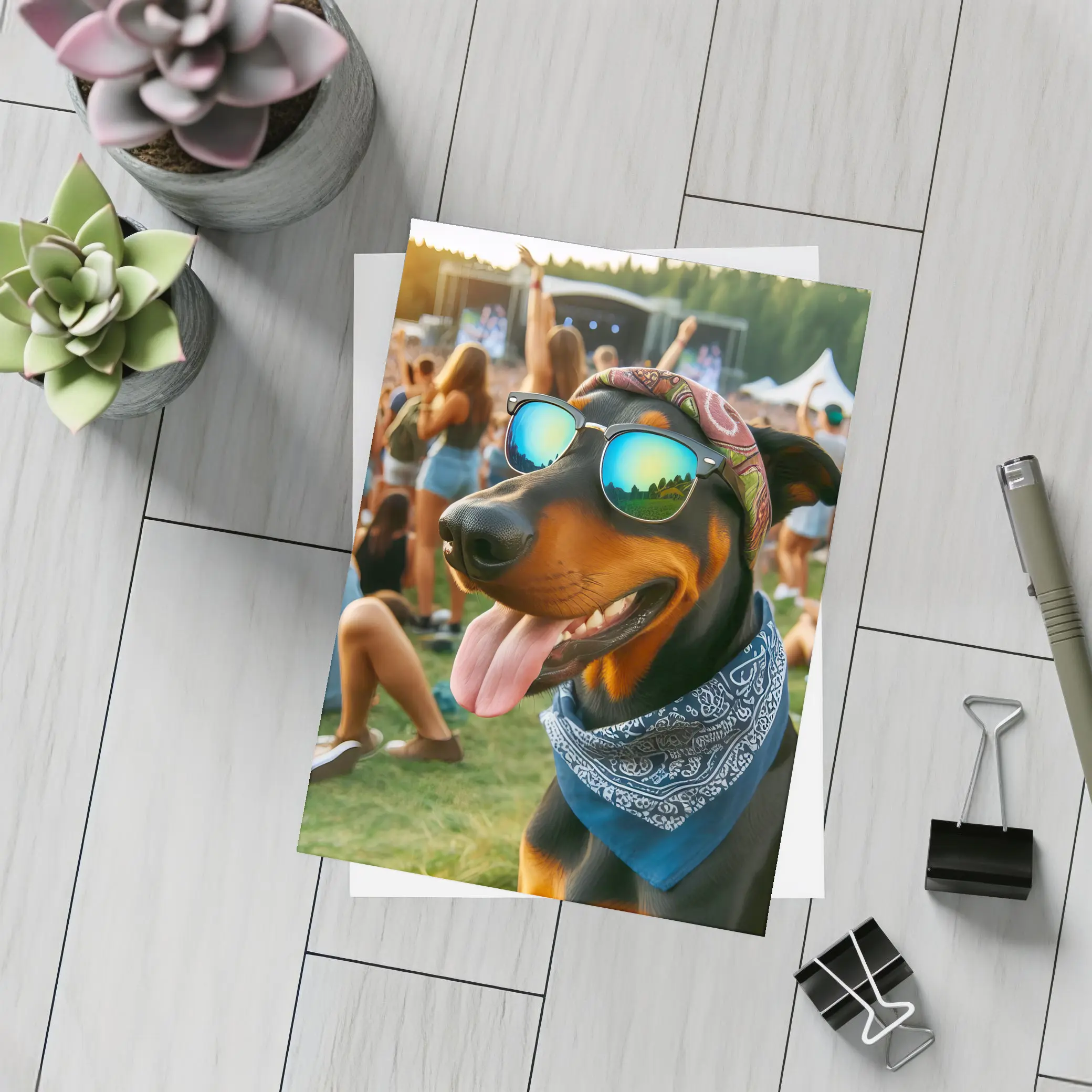 Doberman Dog Sunglasses Bandana Music Festival – Postcards