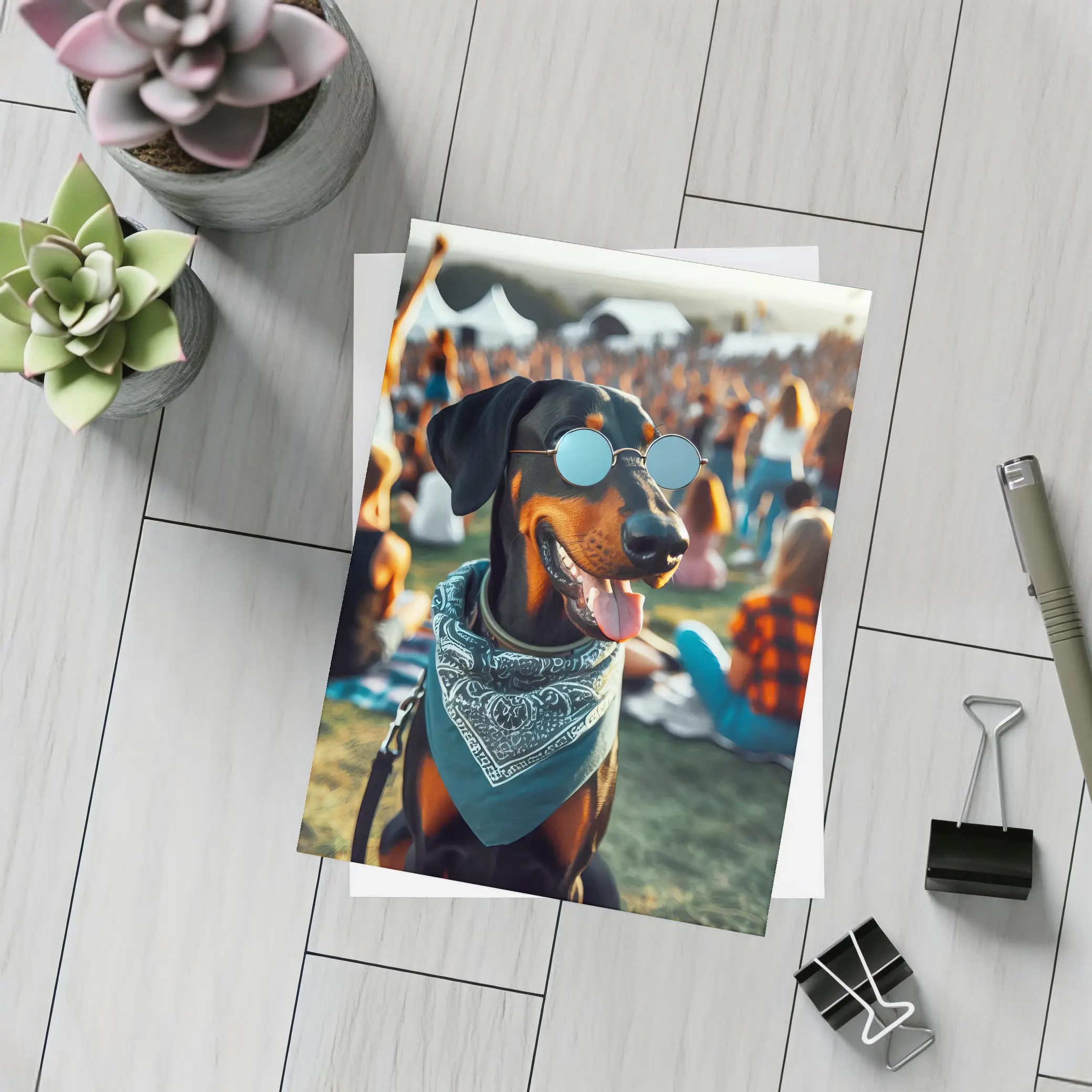 Doberman Pinscher Sunglasses Bandana Music Festival – Postcards