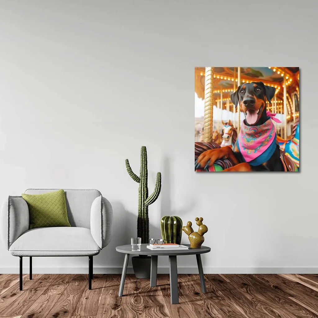 Happy Doberman Pinscher at Colorful Carousel – Wall Art