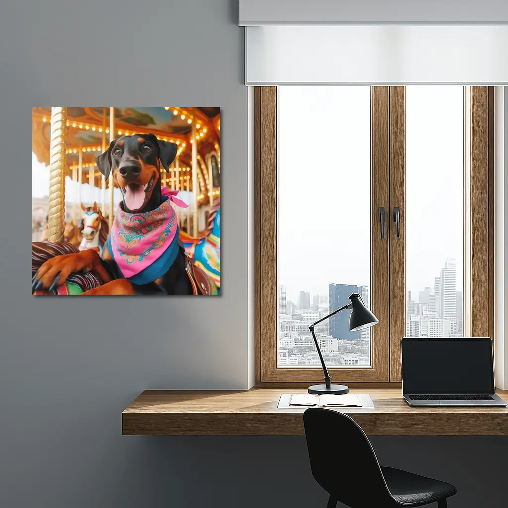 Happy Doberman Pinscher at Colorful Carousel – Wall Art