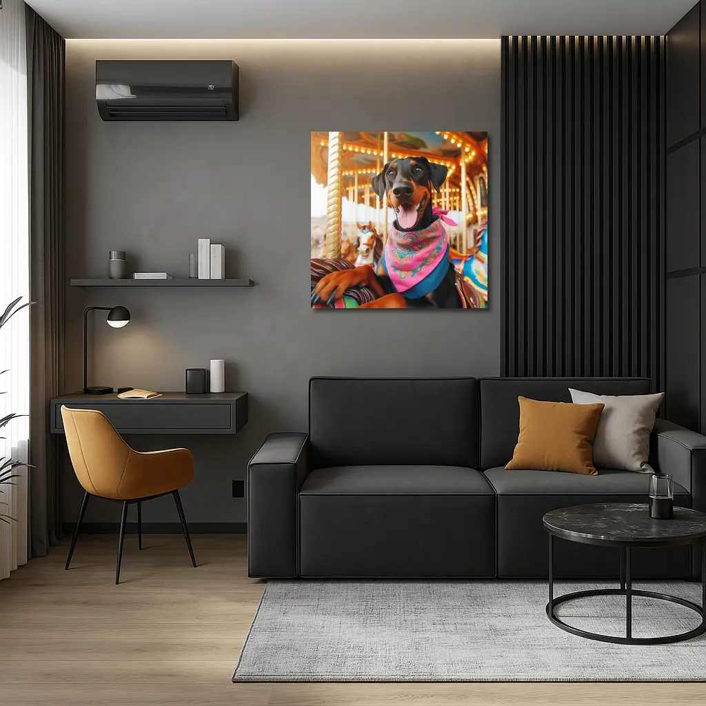 Happy Doberman Pinscher at Colorful Carousel – Wall Art