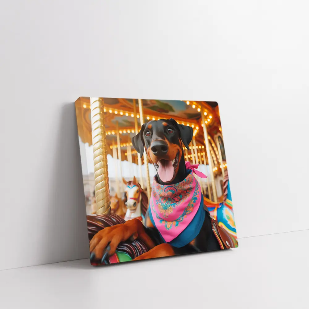 Happy Doberman Pinscher at Colorful Carousel – Wall Art