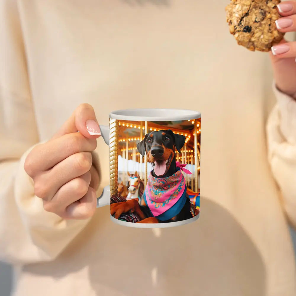 Happy Doberman Pinscher at Colorful Carousel – Mugs