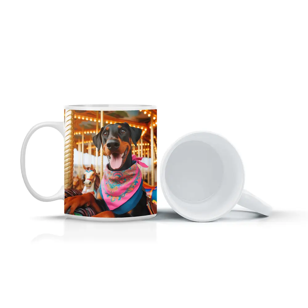 Happy Doberman Pinscher at Colorful Carousel – Mugs
