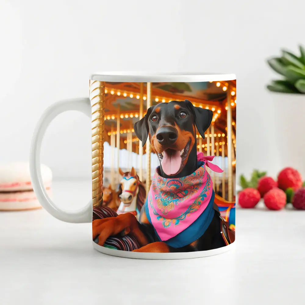 Happy Doberman Pinscher at Colorful Carousel – Mugs