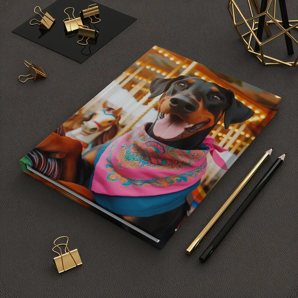 Happy Doberman Pinscher at Colorful Carousel – Notebooks