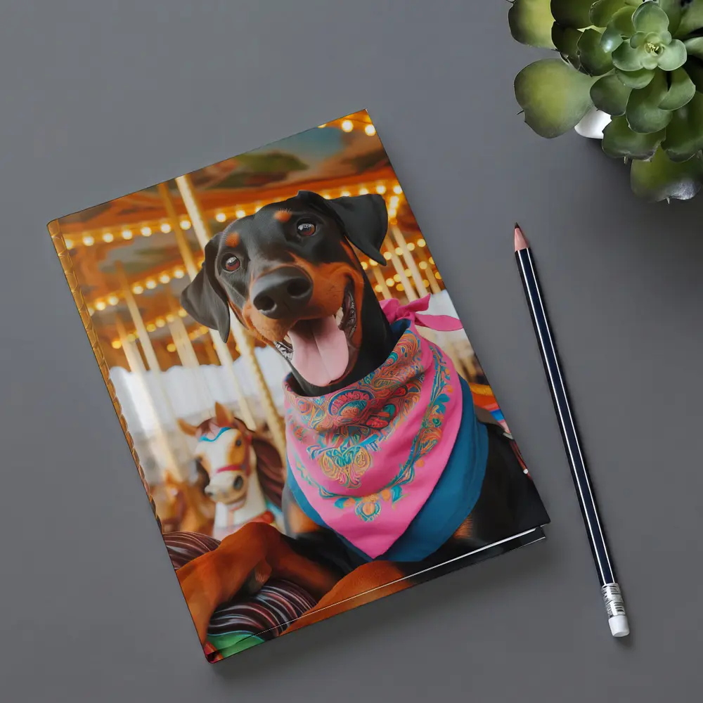 Happy Doberman Pinscher at Colorful Carousel – Notebooks