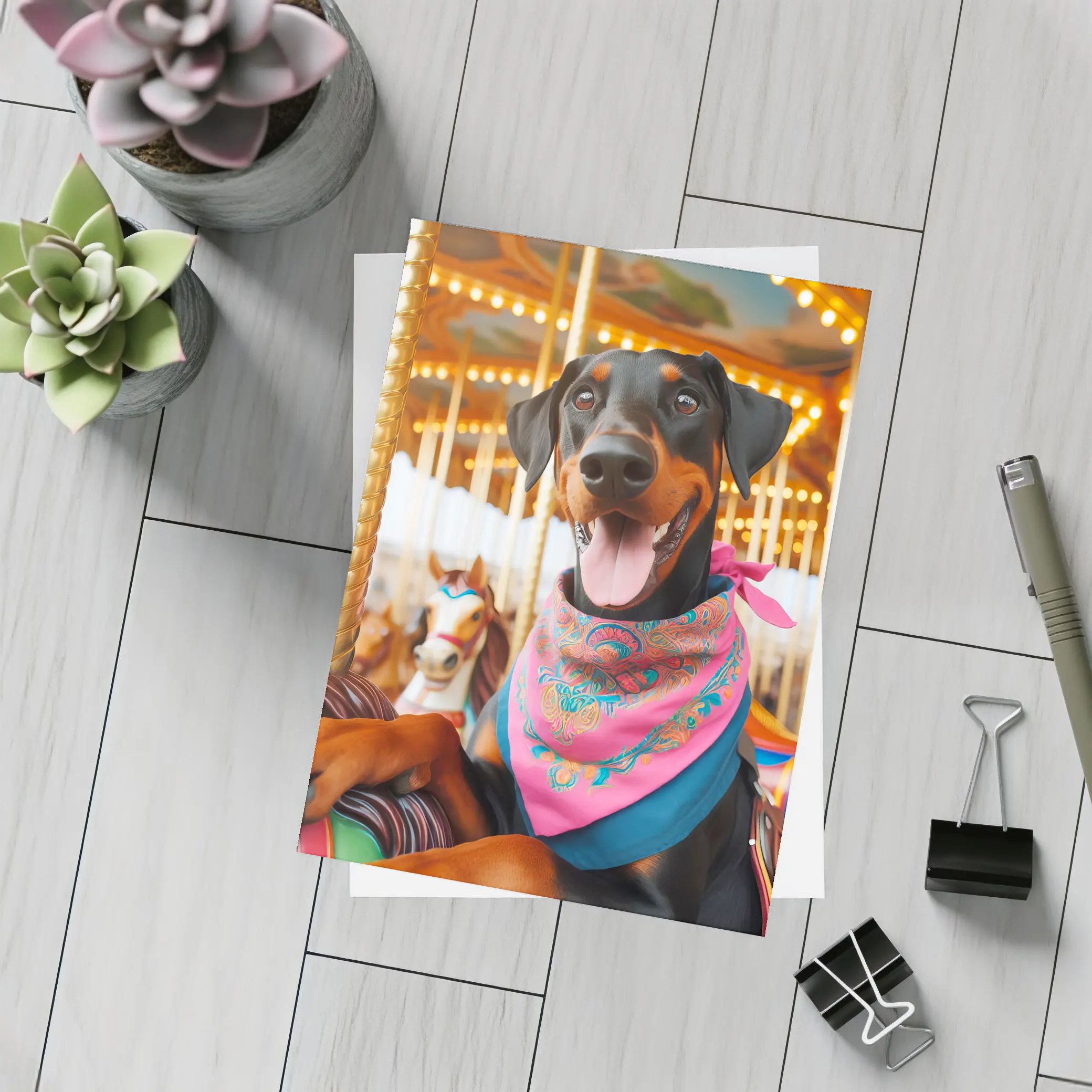 Happy Doberman Pinscher at Colorful Carousel – Postcards