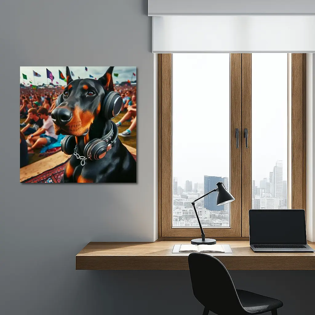 Doberman Wearing Headphones at Music Festival – Wall Art