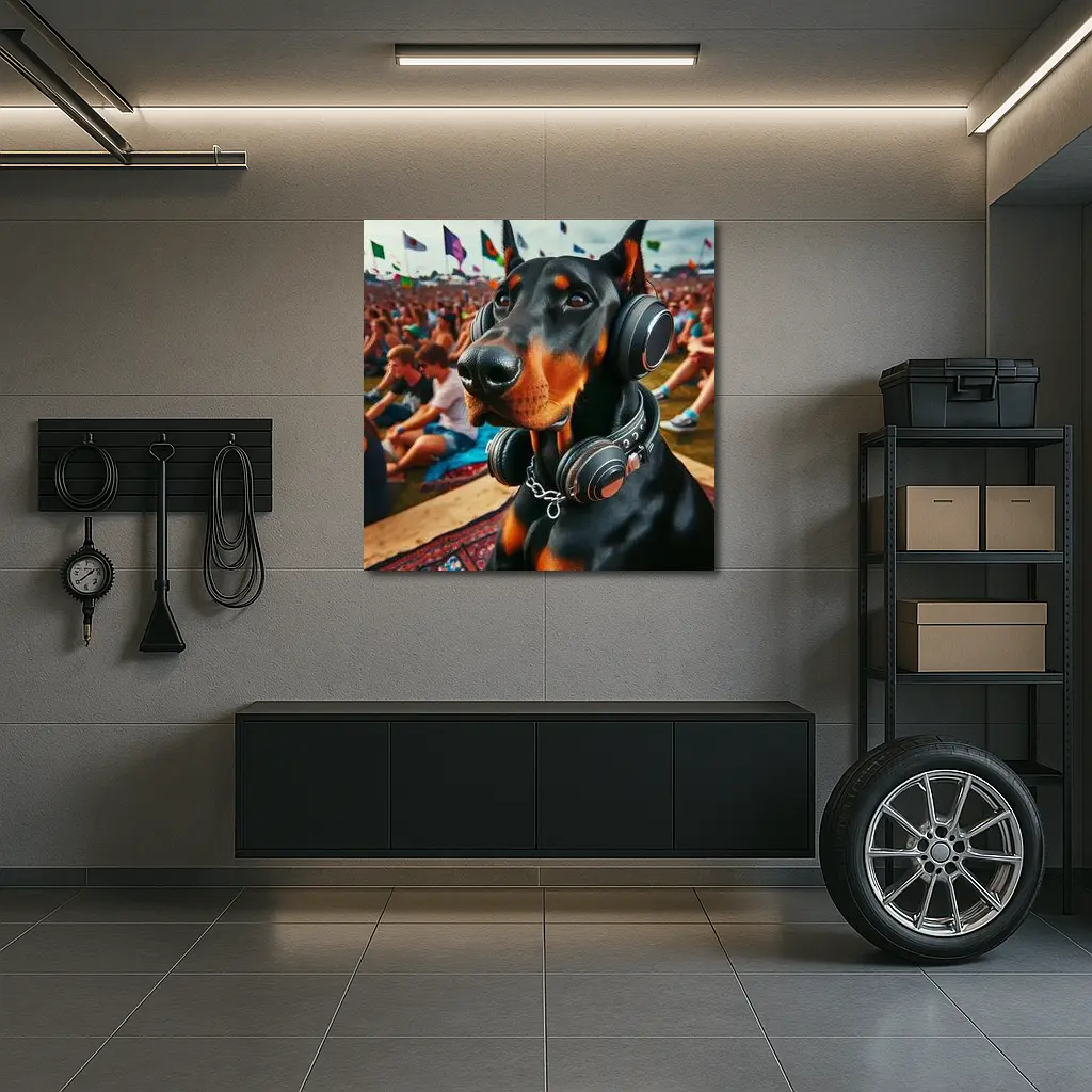 Doberman Wearing Headphones at Music Festival – Wall Art