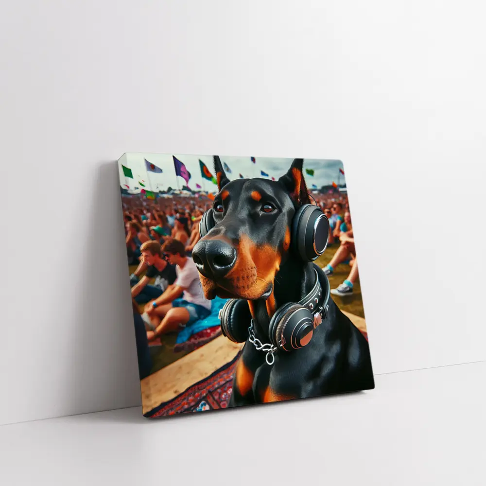 Doberman Wearing Headphones at Music Festival – Wall Art